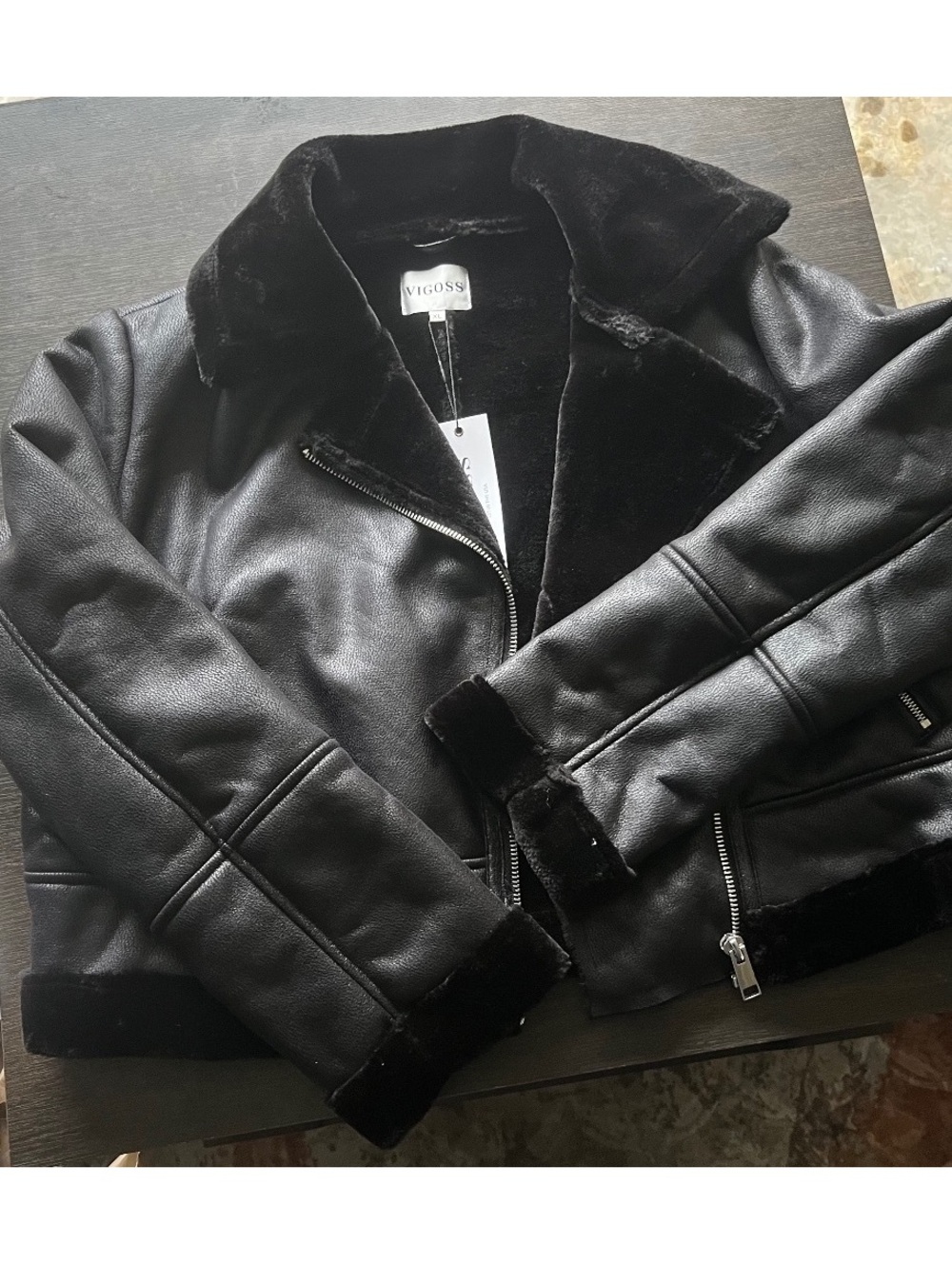 Express Women's Black Faux Leather Sherpa Lined Aviator Moto Jacket NWT